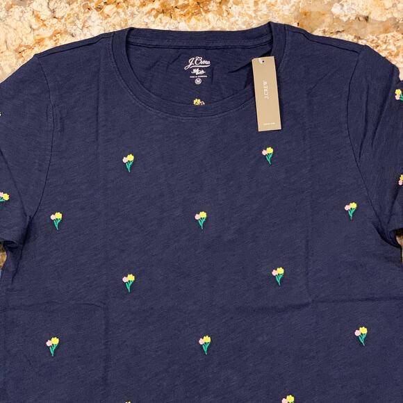 NWT J. Crew Navy Embroidered Tulips Slub Cotton Crewneck T-shirt - SIZE SMALL - Picture 5 of 7